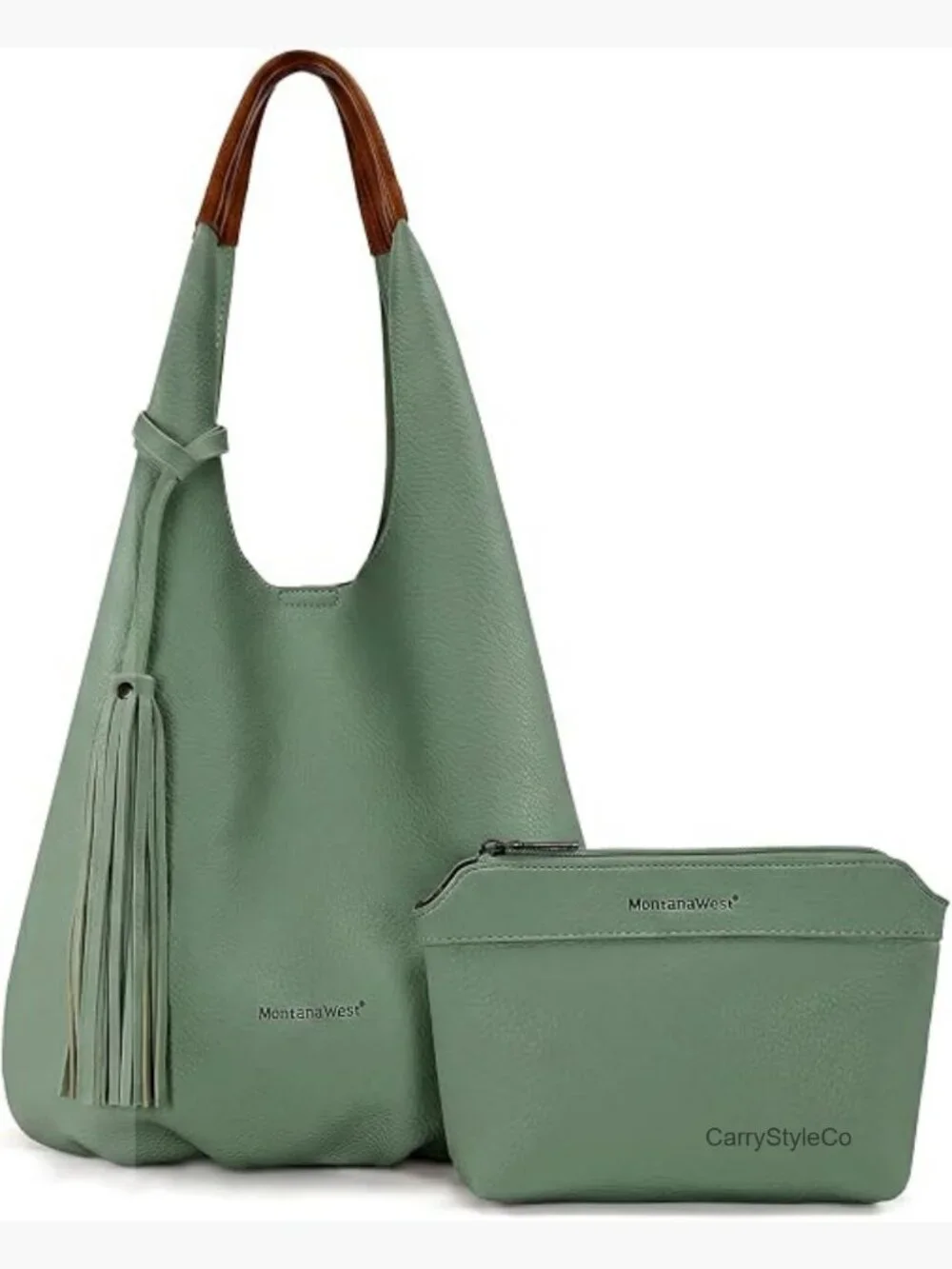 Vegan Leather Slouchy Hobo Bag Set with Tassels & Cosmetic Bag